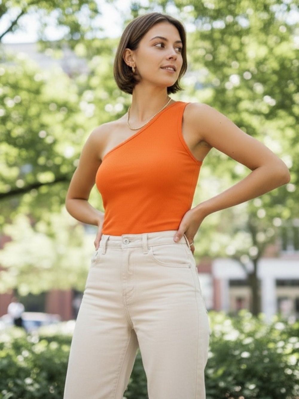 Orange One-Shoulder Ribbed Tank Top